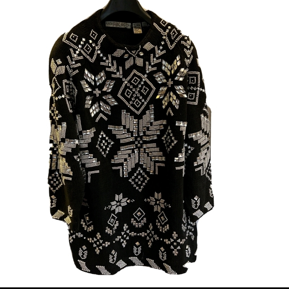 Michael Simon Sweater, Size L, Snowflake Motif Beaded, Black